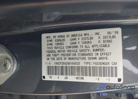 2009 Honda Accord 2.4 Lx-P из США, поврежденный, VIN 1HGCP26429A164020